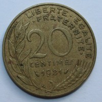 20 сантимов 1981г. Франция, состояние VF - Мир монет