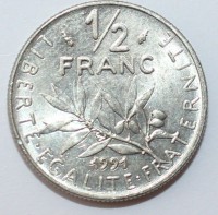 1/2 франка 1991. Франция,состояние ХF - Мир монет