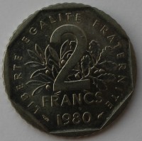 2 франка 1980г. Франция, состояние XF - Мир монет
