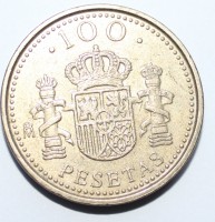 100 песет 1998г. Испания . Хуан  Карлос, бронза, состояние AU - Мир монет