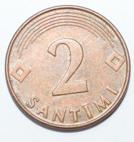 2 сантима 2000г. Латвия, сталь с медным покрытием,состояние ХF+. - Мир монет