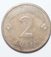 2 сантима 2006г. Латвия, сталь с медным покрытием,состояние VF. - Мир монет