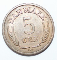 5 эре 1964г. Дания, бронза, состояние VF-XF. - Мир монет