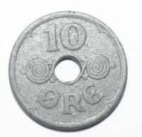10 эре 1943г. Дания, оккупация 3-м рейхом, цинк, состояние VF-XF. - Мир монет