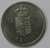 1 крона 1976г. Дания, медно-никелевый сплав ,состояние XF-UNC. - Мир монет