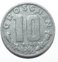 10 грошен 1949г. Австрия, цинк, состояние XF+. - Мир монет