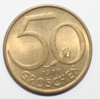 50 грошен 1977г. Австрия, алюминиевая бронза, состояние ХF. - Мир монет