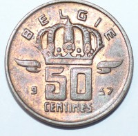 50 сантимов  1957г. Бельгия, бронза, состояние ХF. - Мир монет