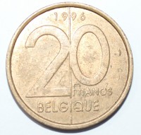 20 франков 1996г. Бельгия, никель, состояние  VF. - Мир монет