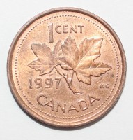 1 цент 1997г. Канада, плакированая медь, состояние XF. - Мир монет