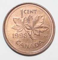 1 цент 1998г. Канада, плакированая медь, состояние VF-XF. - Мир монет