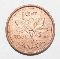 1 цент 2001г. Канада, плакированая медь, состояние VF-XF. - Мир монет