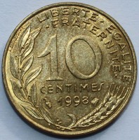 10 сантимов 1998г. Франция, бронза,состояние VF - Мир монет