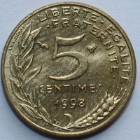 5 сантимов 1998г. Франция,бронза,состояние VF - Мир монет