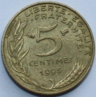 5 сантимов 1995г. Франция,бронза,состояние VF - Мир монет