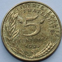 5 сантимов 1994г. Франция,бронза,состояние VF - Мир монет