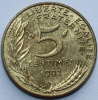 5 сантимов 1992г. Франция,бронза,состояние VF - Мир монет