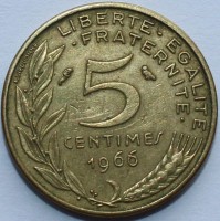 5 сантимов 1966г. Франция, бронза,состояние VF - Мир монет