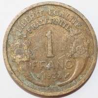 1 франк 1933г. Франция, бронза,  состояние VF. - Мир монет