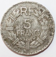 5 франков 1933г. Франция. сталь, состояние F. - Мир монет