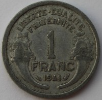 1 франк 1941г. Франция, начало оккупации 3-м рейхом, алюминий,  состояние VF. - Мир монет