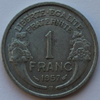 1 франк 1957г. Франция, алюминий,  состояние VF-XF. - Мир монет