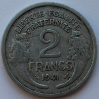 2 франка 1941г. Франция, начало оккупации 3-м рейхом, алюминий  состояние VF. - Мир монет