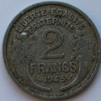 2 франка 1945г. Франция,  алюминий  состояние VF. - Мир монет