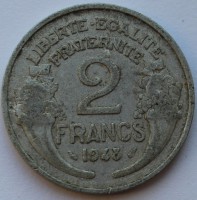 2 франка 1948г. Франция,  алюминий  состояние VF. - Мир монет
