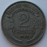 2 франка 1949г. Франция,  алюминий  состояние VF. - Мир монет