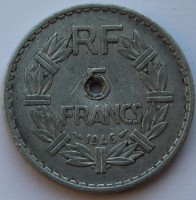 5 франков 1946г. Франция,  алюминий  состояние F. - Мир монет