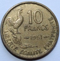 10 франков 1951г. Франция. бронза, состояние VF. - Мир монет