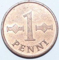 1 пенни 1967г. Финляндия, бронза, состояние VF - Мир монет