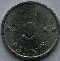 5 пенни 1986г. Финляндия, алюминий , состояние ХF. - Мир монет