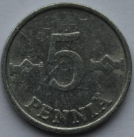 5 пенни 1977г. Финляндия, алюминий , состояние VF. - Мир монет