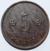 5 пенни 1937г. Финляндия, бронза, состояние VF-XF. патина. - Мир монет