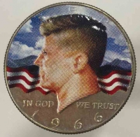 Пол-доллара 1966г. б/б,  США, Кеннеди, цветная монета, состояние UNС. - Мир монет