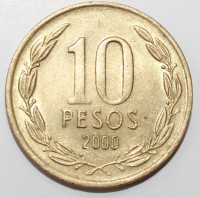 10 песо 2000г. Чили,состояние XF-UNC - Мир монет