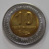 10 песо 2000г. Уругвай . Жозе Ортиго, биметалл,  состояние UNC - Мир монет