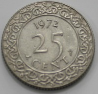 25 центов 1972г. Суринам, медно-никелевый сплав, вес 3,5гр, состояние XF. - Мир монет