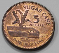 5 долларов 2005г. Гайана,  Сахарный тростник, состояние aUNC - Мир монет