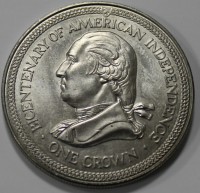 1 крона 1976г. Остров Мэн. Джордж Вашингтон.  200-летие независимости США, состояние UNC - Мир монет