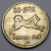 50 эре 1962г. Норвегия. Хаски,состояние UNC - Мир монет