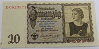 Банкнота  20 рейхсмарок 1939г. Германия, 3-й рейх. "Эдельвейс", состояние UNC. - Мир монет