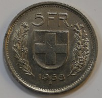 5 франков 1968г. Швейцария, состояние XF+ - Мир монет