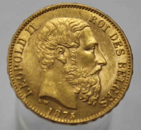 20 франков 1875г. Бельгия. Леопольд II, золото 0,900,вес 6,45 грамм,состояние aUNC - Мир монет