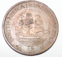 1 цент 1938г. Британская Южная Африка. Георг VI. Парусный корабль Дромедарис, состояние VF - Мир монет