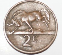 2 цента 1971г. ЮАР. Антилопа Гну, состояние VF-XF - Мир монет
