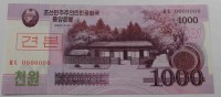 Банкнота  1000 вон 2008г. Северная Корея, образец, в номере одни нули, состояние UNC. - Мир монет