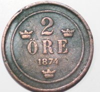2 эре 1874г. Швеция, состояние VF-XF. - Мир монет